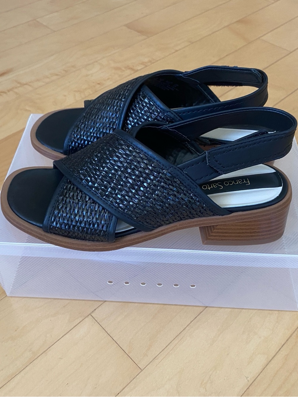 Franco Sarto Silvie Black Woven Slingback Block Heel Sandals